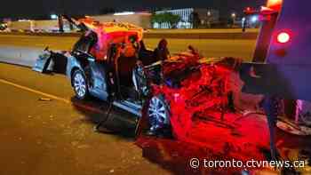 Vehicle slams into stopped dump truck in closed construction zone on Hwy. 401