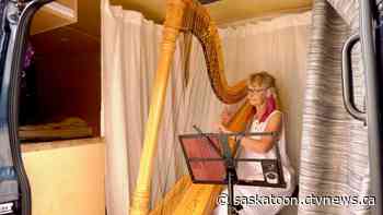 Harpist hoping to travel across Canada stops in Saskatoon to perform