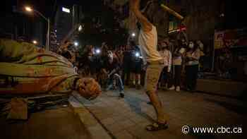 The head of the statue of Egerton Ryerson now on a spike at Land Back Lane in Caledonia, Ont.