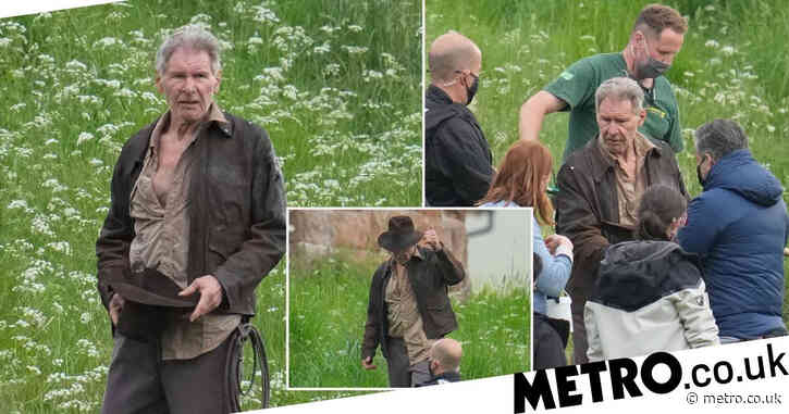 Harrison Ford slips right back into Indiana Jones role as he films scenes with Toby Jones