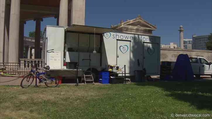 Mobile Shower Trailer Parked At Denver’s Civic Center Park To Help People Who Are Unhoused