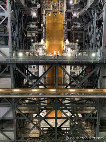 Artemis I core stage finally pointing in the right direction at Kennedy Space Center