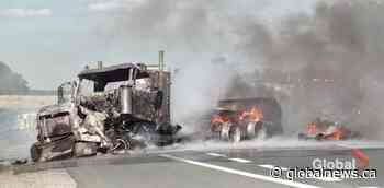 Transport truck crashes, erupts into flames on Hwy. 401 in Colborne | Watch News Videos Online - Globalnews.ca