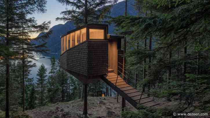 Helen & Hard hangs Woodnest treehouses from pine trees above Norwegian fjord