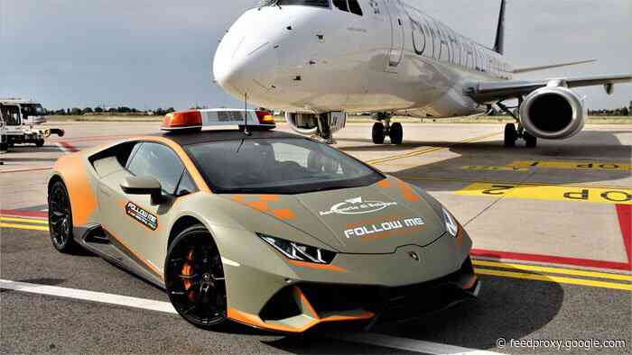 Lamborghini Huracán Follow Me car cruises the tarmac at an Italian airport