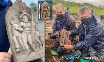 Carved stone depicting 'naked horseman' uncovered near Hadrian's Wall
