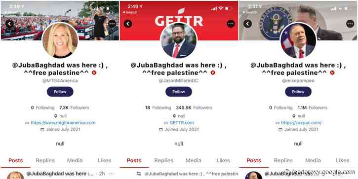 A string of top accounts on the new pro-Trump app GETTR were hacked and defaced on its July 4 launch day