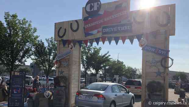 Flapjacks on-the-go handed out at Chinook Centre's Stampede breakfast