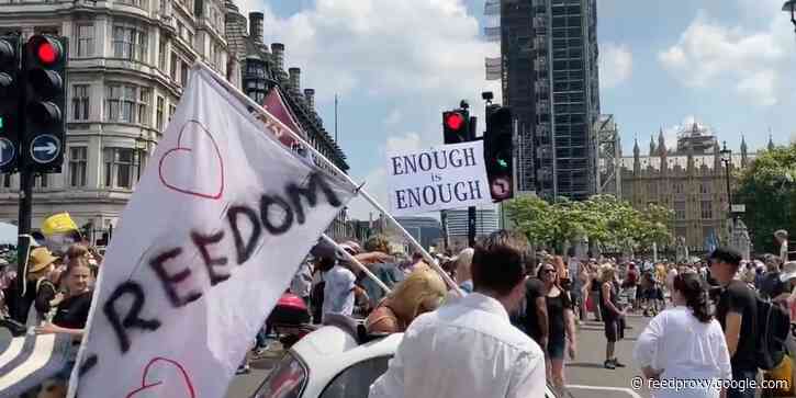 Anti-lockdown protesters flooded central London even though there is no longer a lockdown for them to oppose