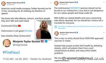 Marjorie Taylor Greene compares Twitter to the Chinese Communist Party after her 12-hour suspension
