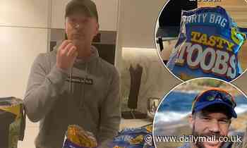 David Warner celebrates the return of Tasty Toobs chips after six years off shelves