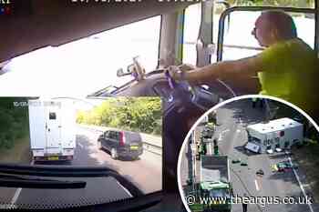WATCH: Shocking moment texting lorry driver ploughs into van on A27