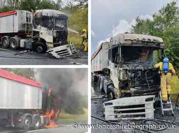 Shocking images show HGV engulfed in flames on A59