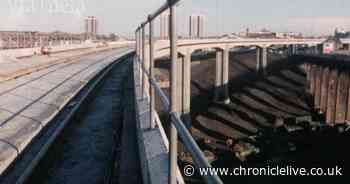 Byker Metro Viaduct in Newcastle's East End under construction in 1980 film clip