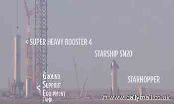 SpaceX's Super Heavy rocket is moved to the launch pad while the Starship S20 is rollout out