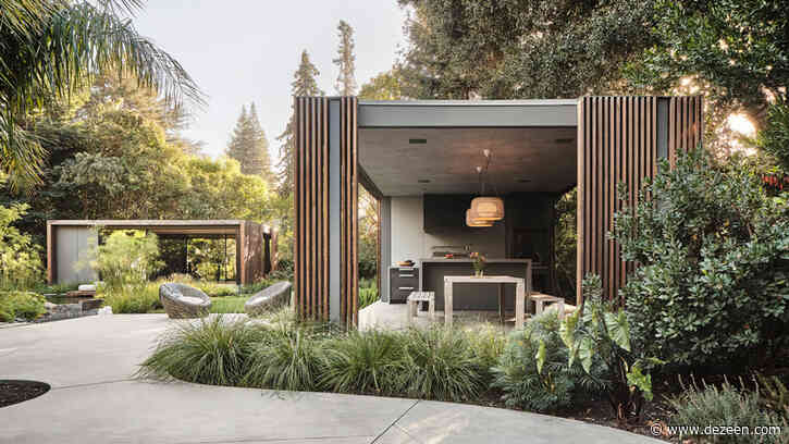 Cedar slats wrap backyard pavilions by Feldman Architecture at Silicon Valley home