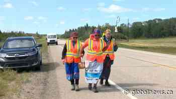 A ceremonial walk is taking a pail of water from headwaters in the Rocky Mountains to the point where the North and South Saskatchewan Rivers meet.