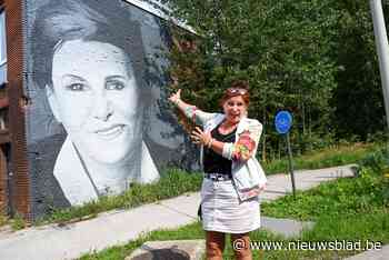 Loes Van den Heuvel en Bobbejaan Schoepen lachen Boom toe op levensgrote muurschilderingen