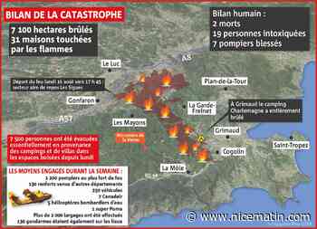Vue du ciel avec des photos satellites, l'impressionnante étendue des dégâts de l'incendie des Maures, dans le Var