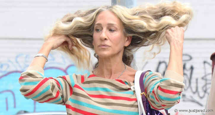 Sarah Jessica Parker Pairs Striped Shirt with White Dress While Filming 'And Just Like That'