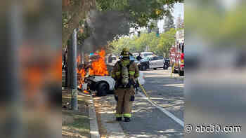 Fiery car crash shuts down Clovis roadway