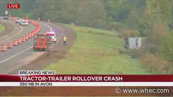 Tractor-trailer rollover crash closes part of I-390 north in Avon
