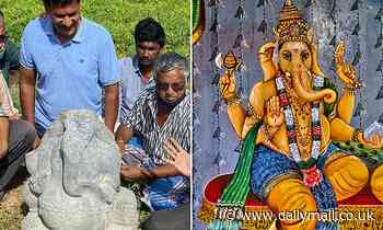Stone idol of the elephant-headed Hindu god  made 800 years ago is unearthed in an Indian village