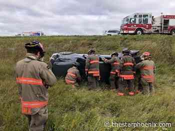 Saskatoon firefighters extricate driver from rolled car on Highway 14 - Saskatoon StarPhoenix