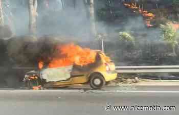 Une voiture s’embrase sur l’autoroute à Mandelieu, le feu se propage à la végétation