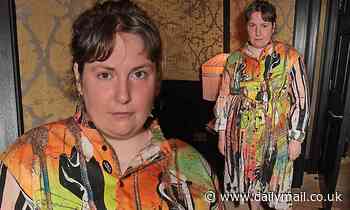Make-up free Lena Dunham cuts a vibrant figure in a patterned shirt dress - Daily Mail