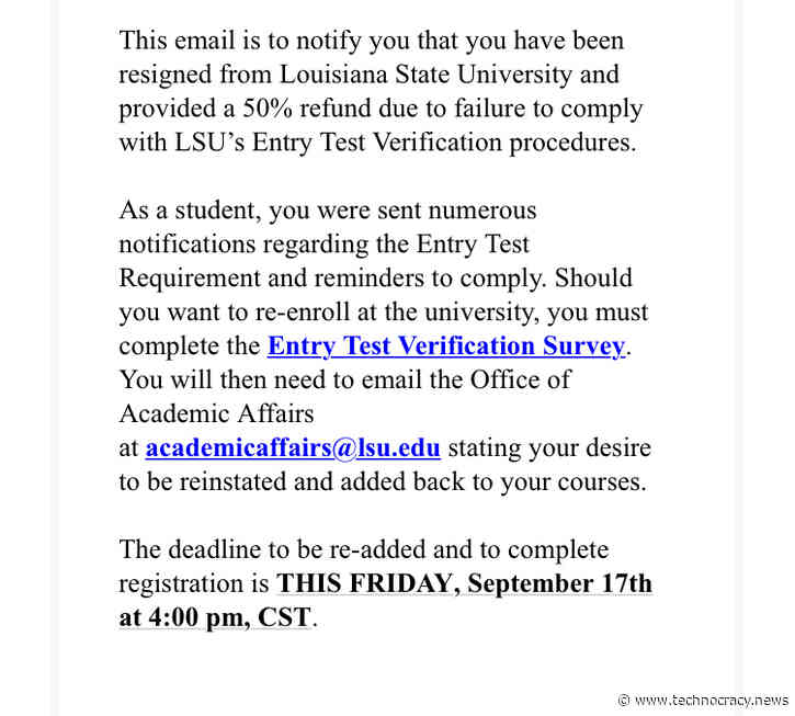 Louisiana State University Students Unenrolled For No Vaccine, Lose 50% Of Tuition
