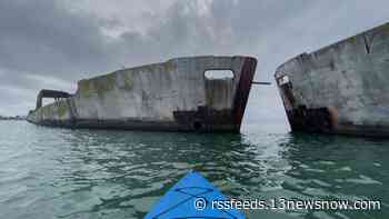 Kayak next to WWII concrete ships at Kiptopeke State Park on Eastern Shore