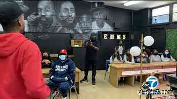Rap artist Lil Mussie surprises students at Markham Middle School in Watts with a new music studio - KABC-TV