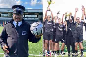 Police take on young adults in football match at Bromley FC