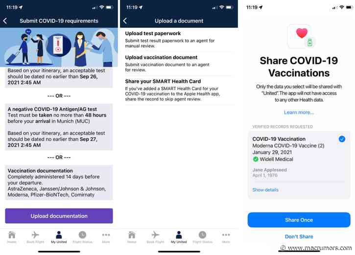 United Airlines Integrates With Apple's Health App for COVID-19 Vaccination Verification