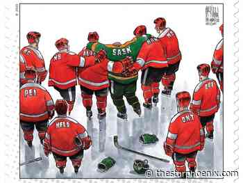 Cartoon featuring tribute to Humboldt Broncos crash featured on Canada Post stamp