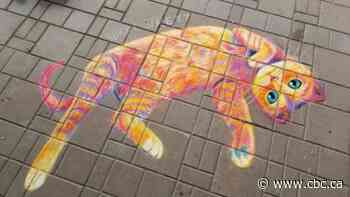 Chalk artist brings whimsical drawings of 'cats and dogs hanging around' to Saskatoon streets