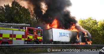 A428 traffic: Photos show firefighters tackling lorry engulfed in flames on major Cambs road