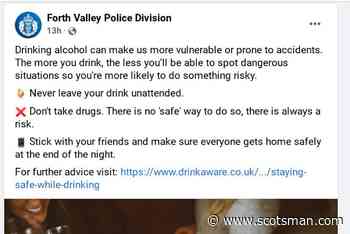 Spiking Scotland Forth Valley Police face criticism for 'victim blaming' drinking tweet following spiking reports - The Scotsman