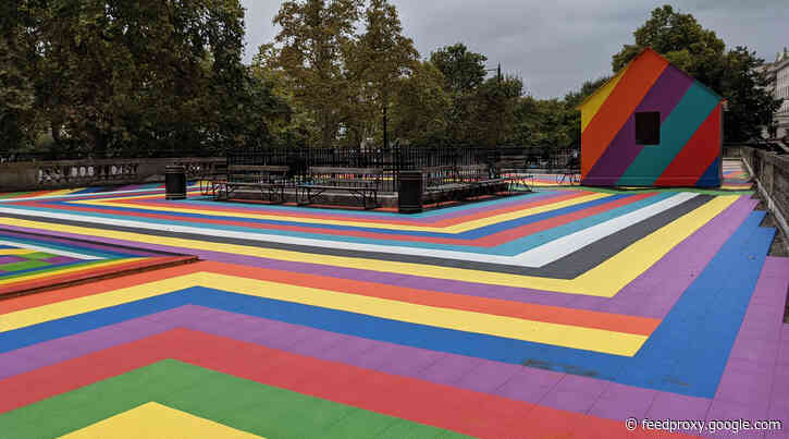 A London tube station roof is filled with brightly coloured art