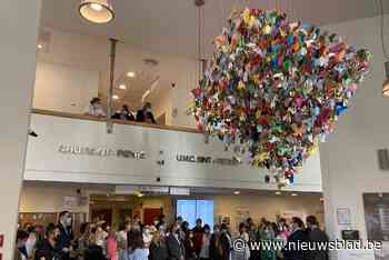 Gigantisch kunstwerk van origami siert ingang van ziekenhuis: “Wie goed kijkt herkent de kraanvogels uit koninklijk paleis”