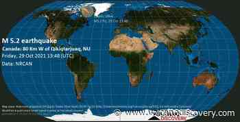 Quake info: Strong mag. 5.2 earthquake - 162 km north of Pangnirtung, Nunavut, Canada, on Friday, Oct 29, 2021 9:48 am (GMT -4) - 4 user experience reports - VolcanoDiscovery