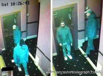 Information sought after two men enter hotel, take pictures of exit doors, then leave