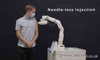 Robot gives needle-free 'shots' with high-pressure jet of fluid into opening the width of a hair 