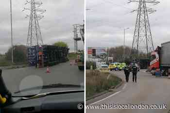 University Way Dartford: Lorry overturns on roundabout