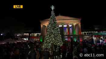 Raleigh's large Christmas tree lit up for the holiday season