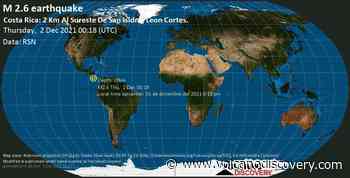 Informe sismo: Sismo muy débil mag. 2.6 - Leon Cortés Castro, 30 km S of San Jose, San José, Costa Rica, miércoles, 1 dic 2021 18:18 (GMT -6) - VolcanoDiscovery