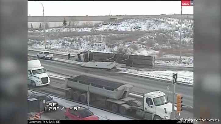 Semi flips on eastbound Glenmore Trail at 52nd Street S.E., Friday afternoon traffic impacted