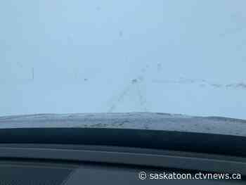 Fast moving storm produces whiteout highway conditions near Prince Albert
