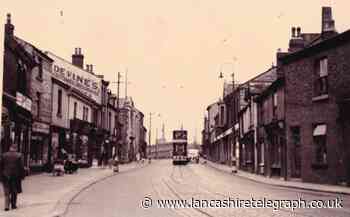 Tram heading to Darwen along Bolton Road just after war